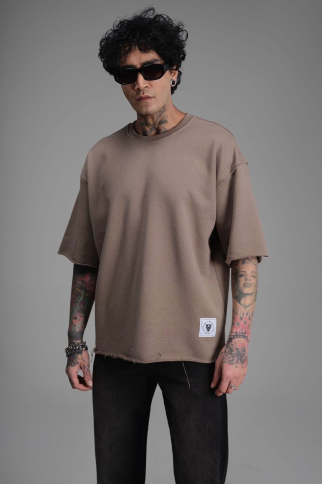 TRICOU BARBATI OVERSIZED CAMEL RAW EDGE STREETWEAR (MĂRIME: S)