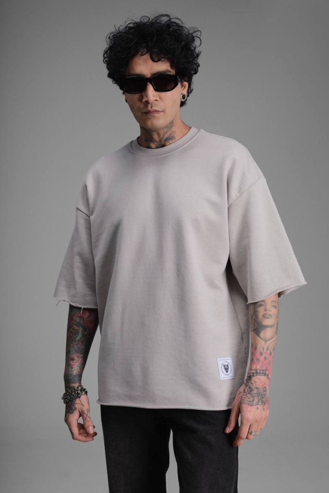 TRICOU BARBATI OVERSIZED GREY RAW EDGE STREETWEAR (MĂRIME: S)