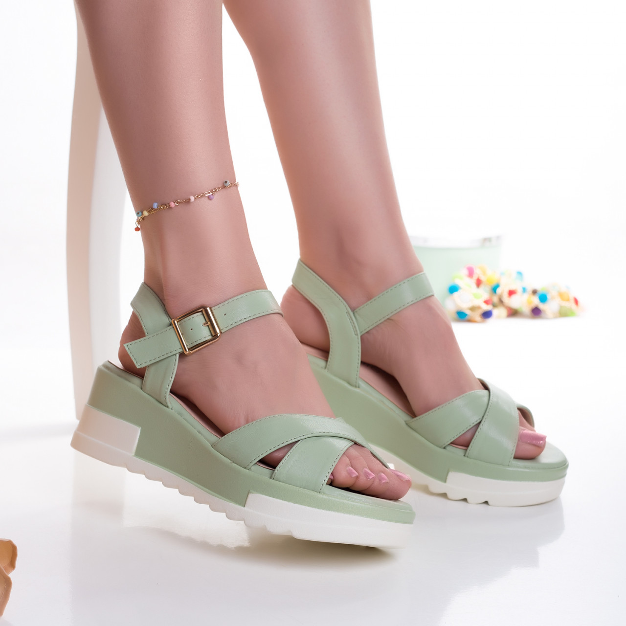 sandale dama cu platforma verzi din piele ecologica robli~11580