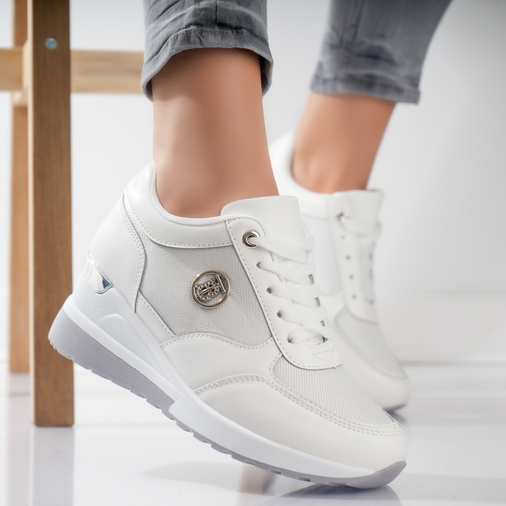Adidasi dama cu paltforma albi din piele ecologica si textil ilea