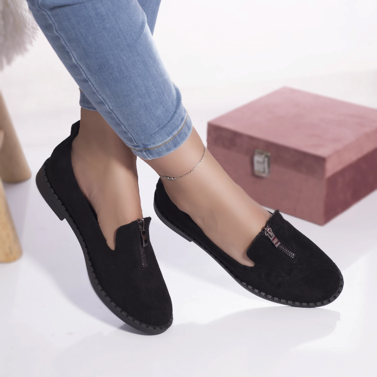 Pantofi casual mocasini tiffy piele ecologica intoarsa negru