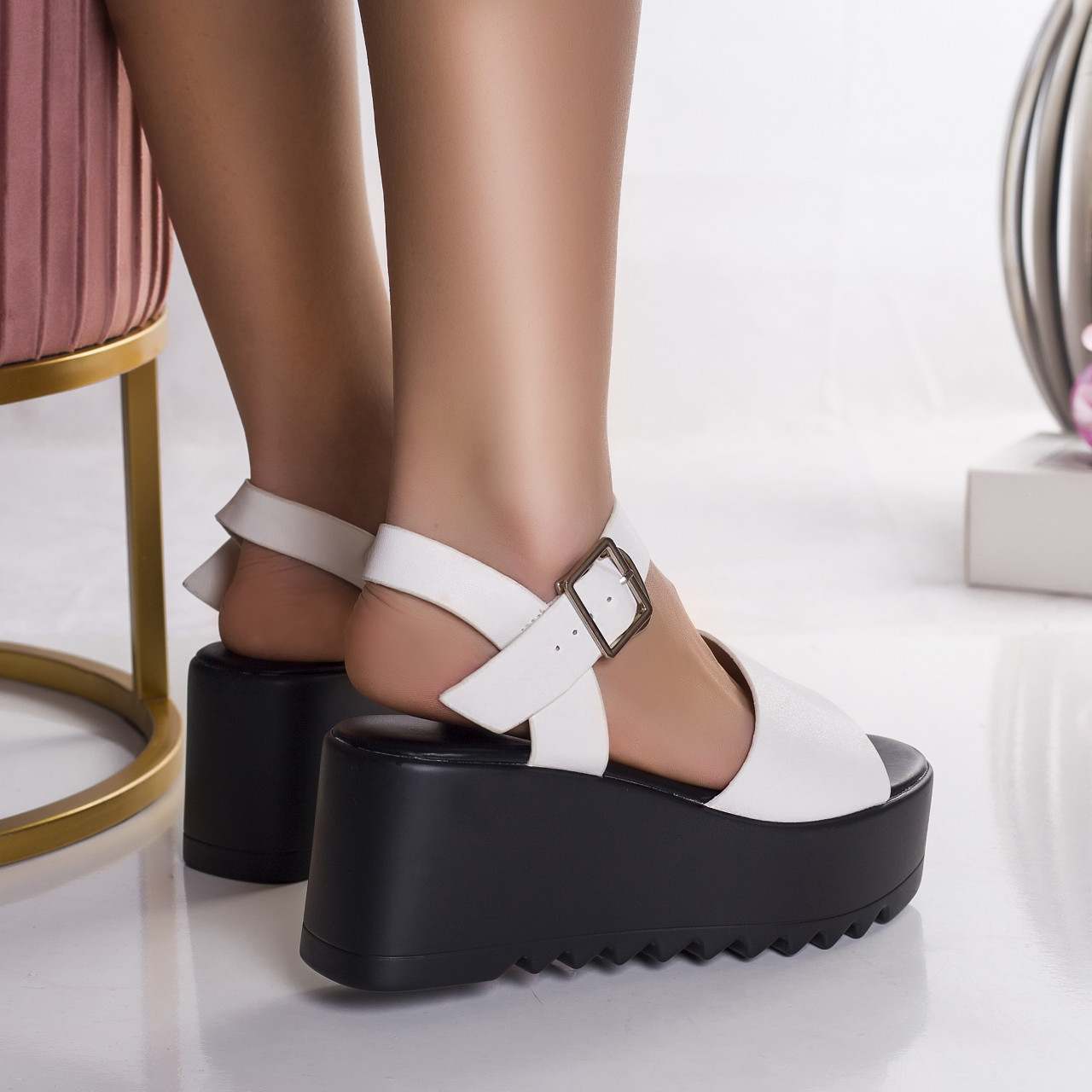 sandale dama cu platforma albe din piele ecologica rosel~9063