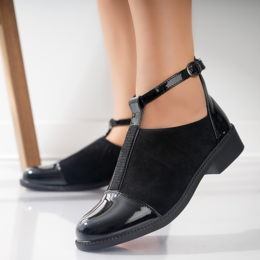 Pantofi dama casual negri din piele ecologica intoarsa nava