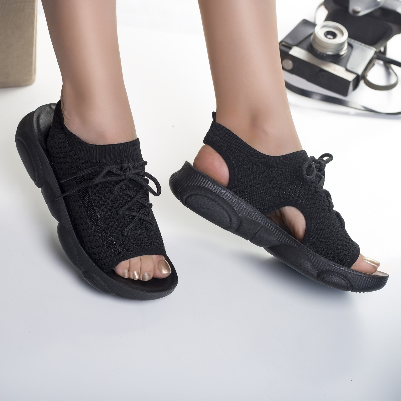 Sandale dama fara toc negre din textil olva
