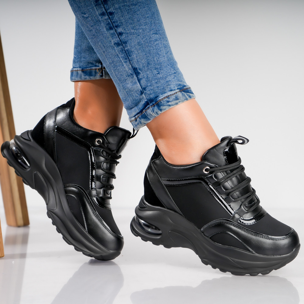 Sneakers dama cu platforma negri din piele ecologica rendo
