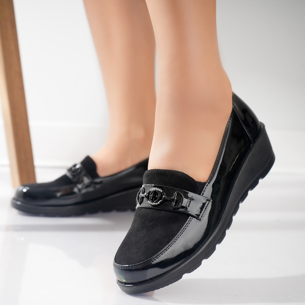 Pantofi dama casual negri din piele ecologica intoarsa klodi