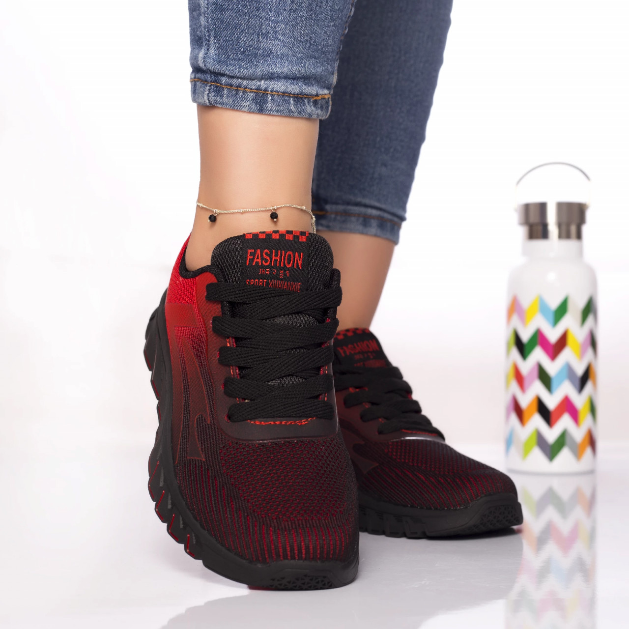 Pantofi sport guesta textil negru-rosu