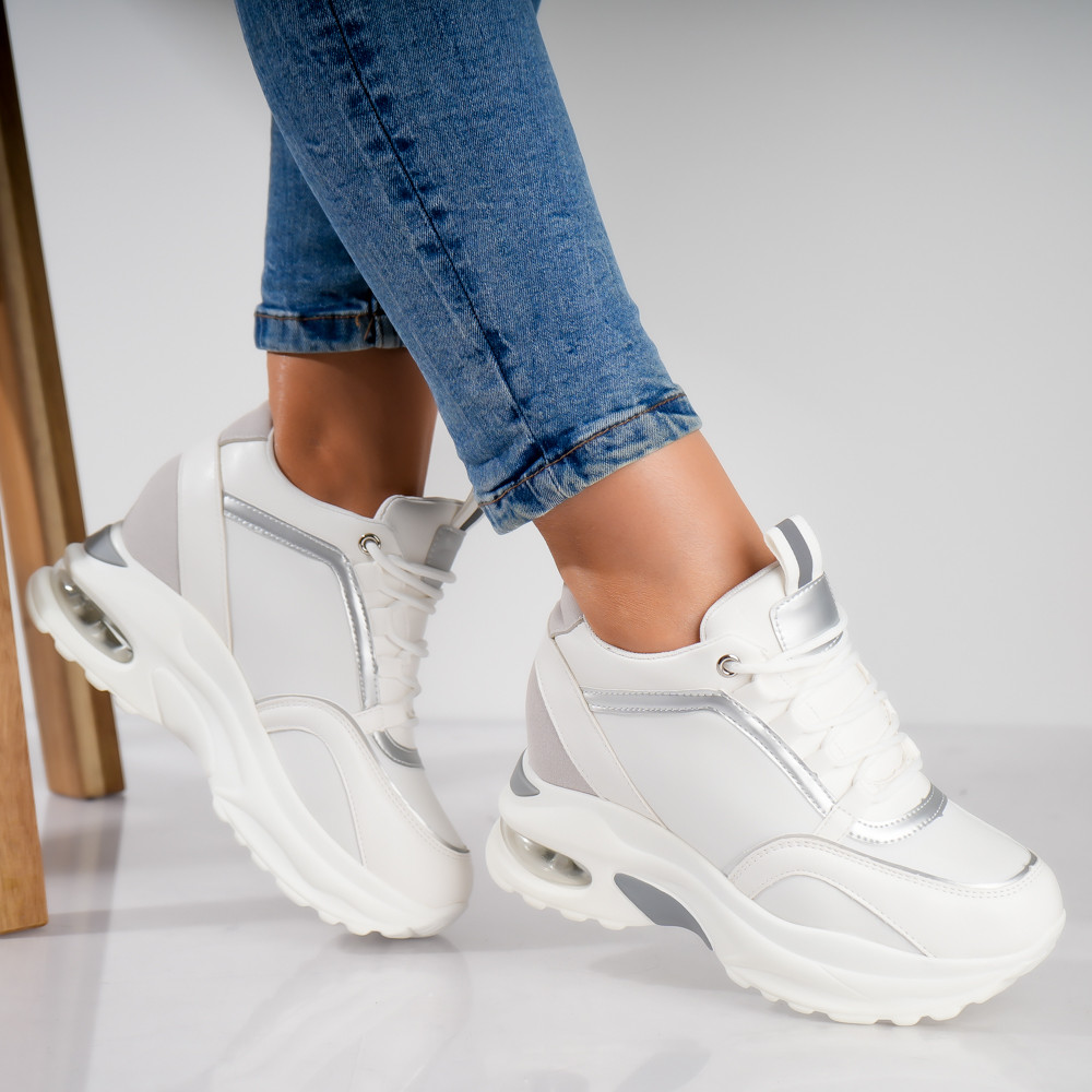 Sneakers dama cu platforma albi din piele ecologica rendo