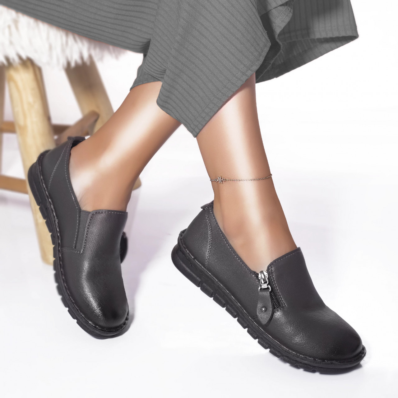 Pantofi casual mocasini georgina piele ecologica gri