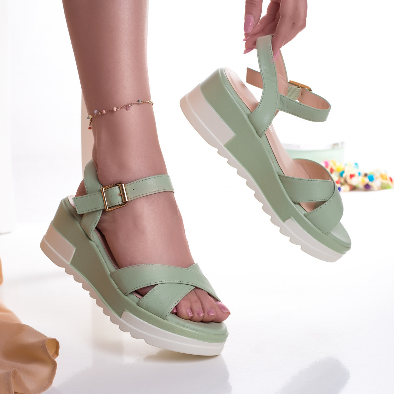 sandale dama cu platforma verzi din piele ecologica robli~11579