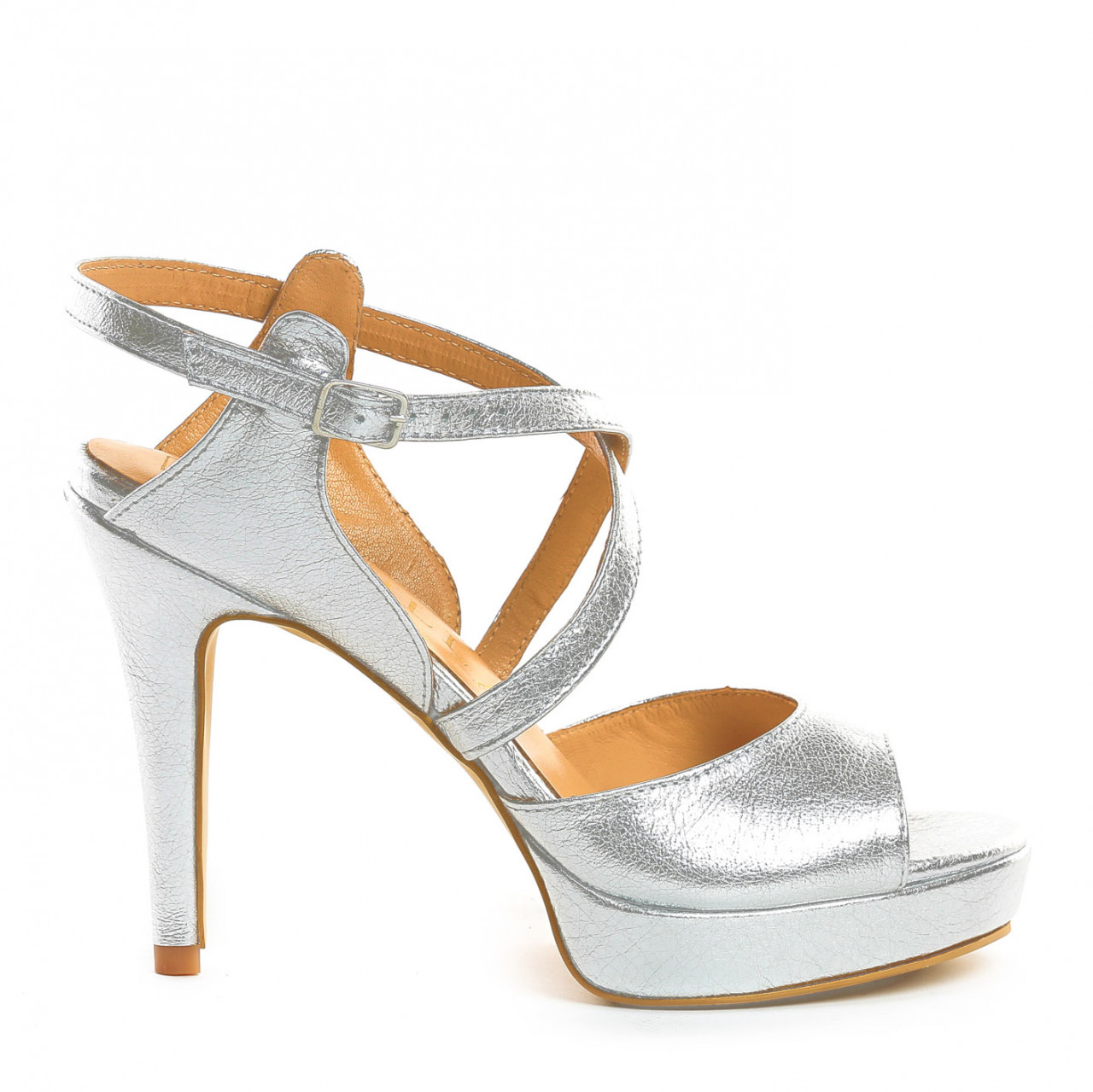 Poze Sandale Berna cu toc mic subtire, piele naturala, argintii