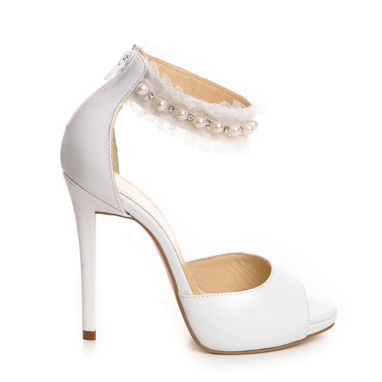 Poze Sandale Retro Pearl cu toc subtire, piele naturala, culoare alb