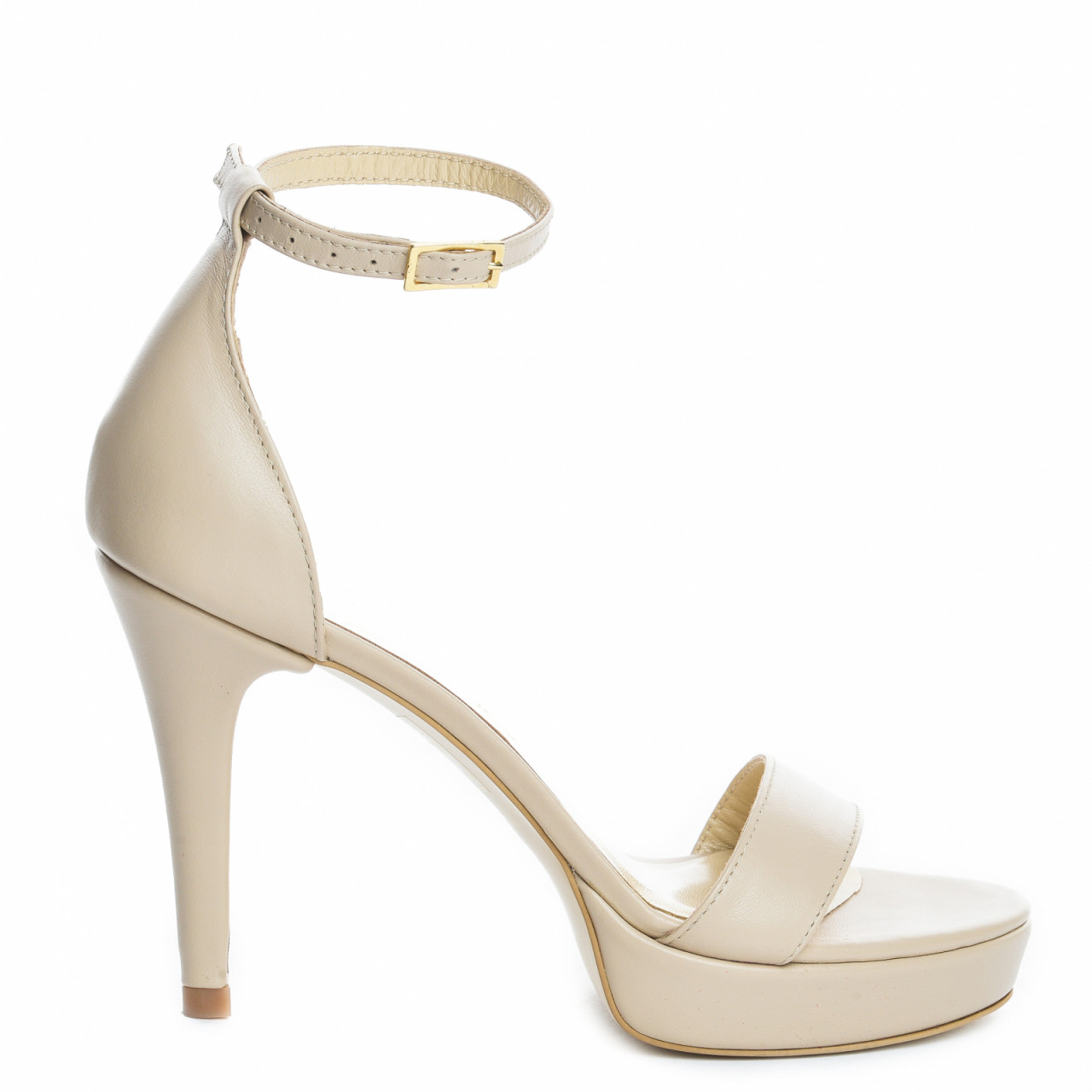 Poze Sandale Viena cu toc mic subtire, piele naturala, crem deschis