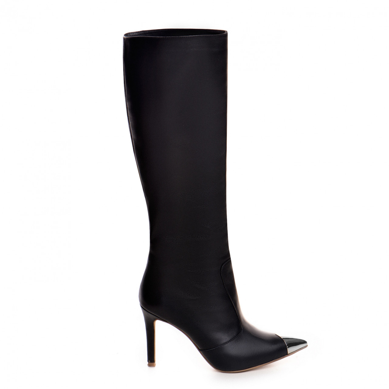 Poze Cizme Valerie cu toc subtire, piele naturala, negre cu accesorii argintii