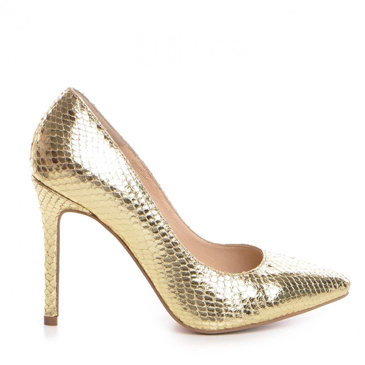 Poze Pantofi Stiletto cu toc Corina imprimeu sarpe, aurii