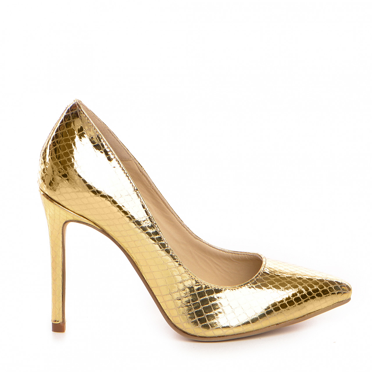 Poze Pantofi Stiletto cu toc Corina imprimeu sarpe oglinda, aurii