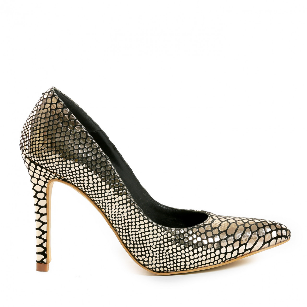 Poze Pantofi Stiletto cu toc subtire Eva, imprimeu sarpe, aurii