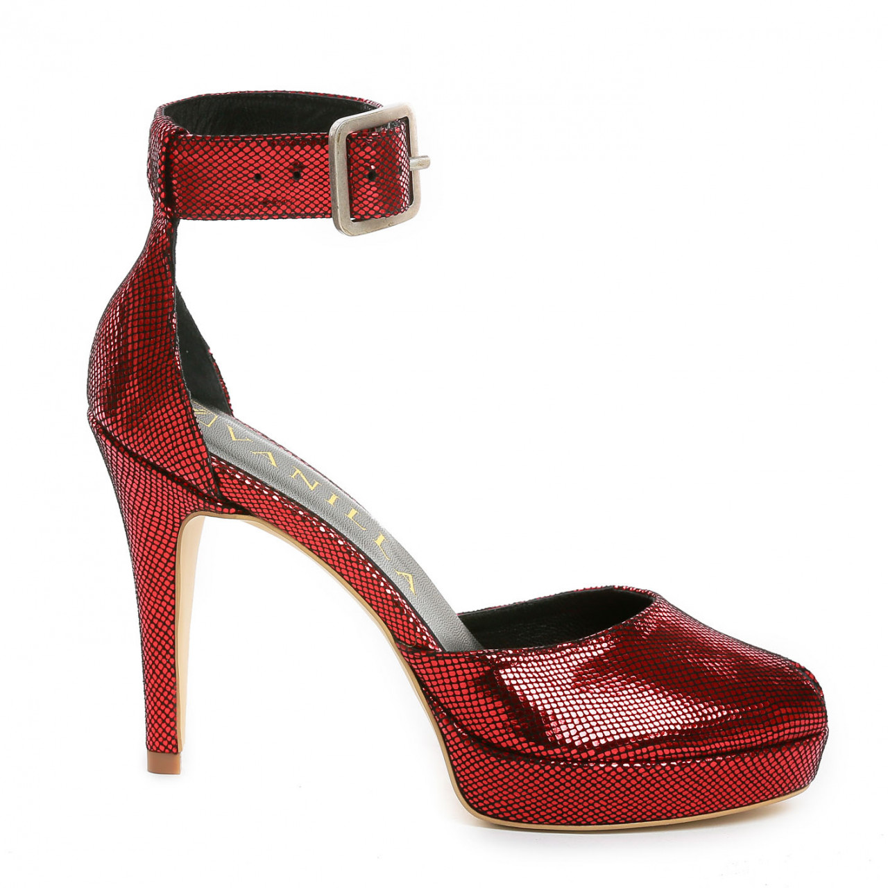 Poze Sandale Baku cu toc mic subtire, imprimeu reptila, rosii