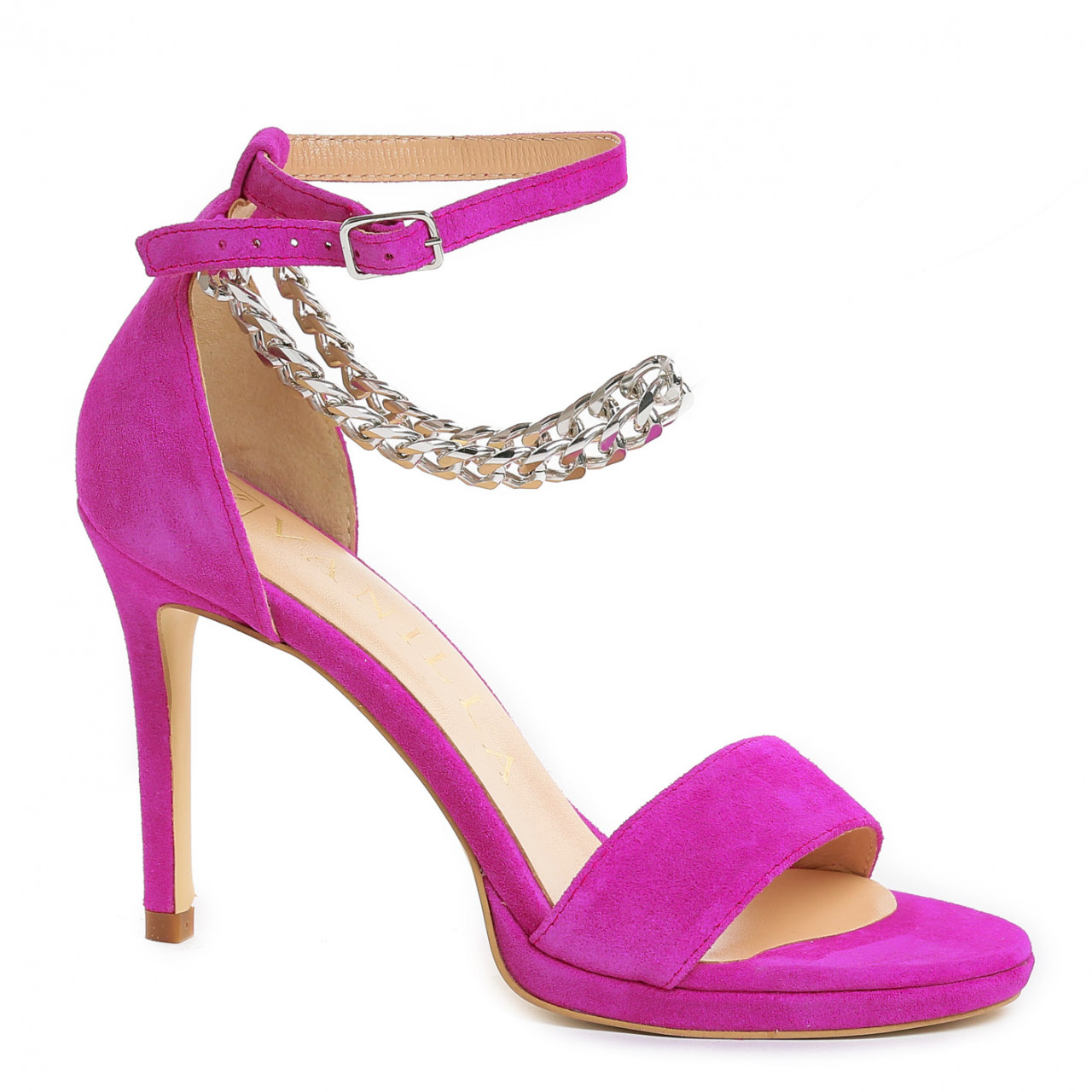Poze Sandale Carina cu toc mic subtire, piele naturala intoarsa, fucsia
