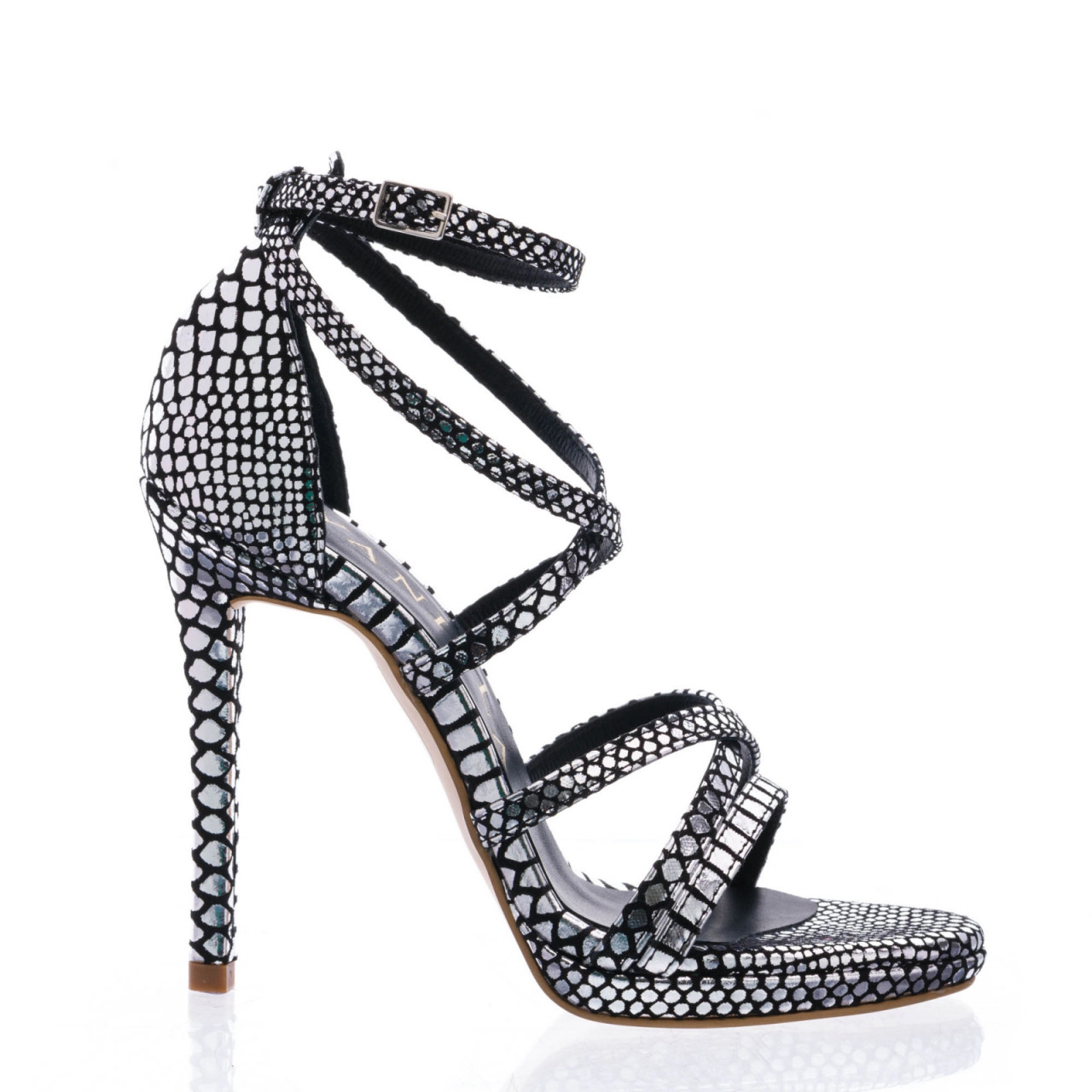 Poze Sandale Missa cu toc subtire, imprimeu sarpe, argintii