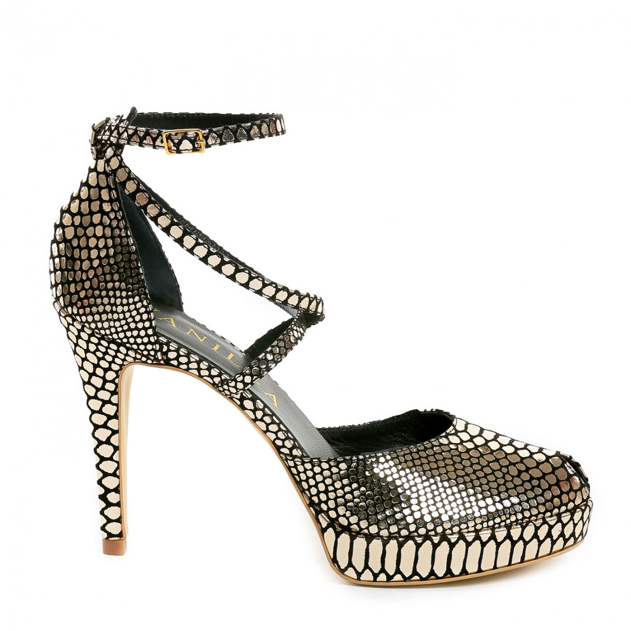 Poze Sandale Obsesium cu toc mic subtire, imprimeu sarpe, aurii