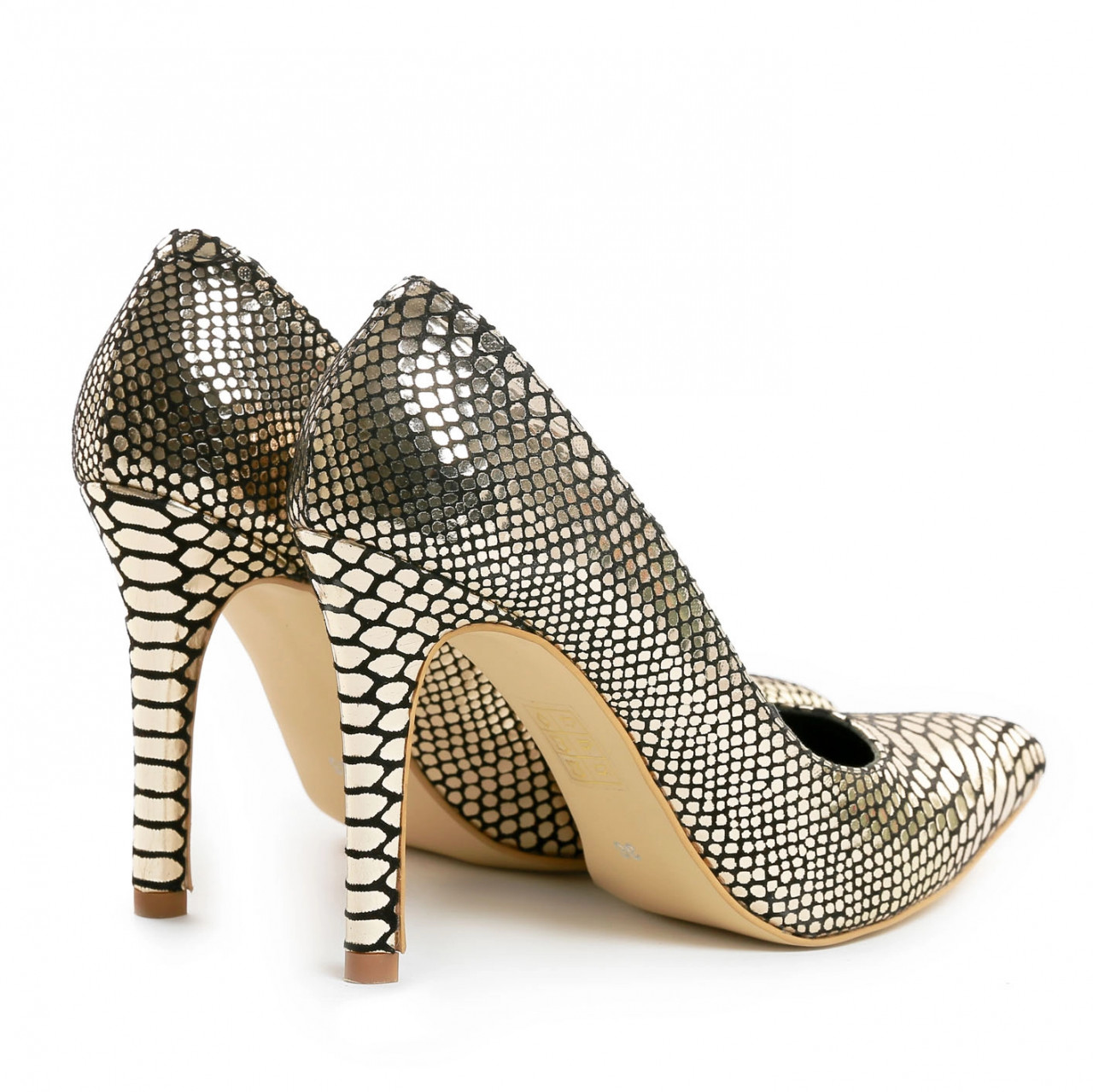 Poze Pantofi Stiletto cu toc subtire Eva, imprimeu sarpe, aurii