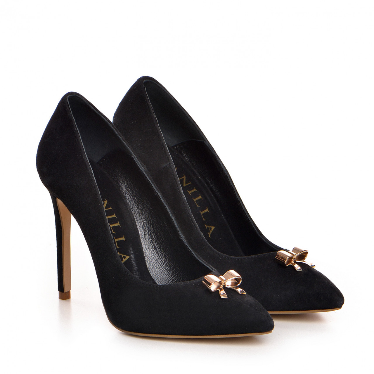Pantofi Stiletto cu toc subtire, piele naturala intoarsa, neagra, cu accesorii aurii
