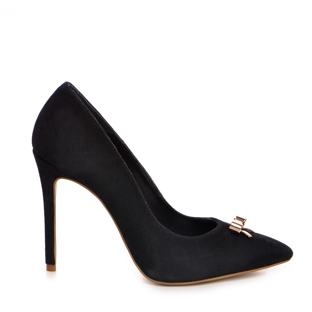 Poze Pantofi Stiletto cu toc subtire, piele naturala intoarsa, neagra, cu accesorii aurii