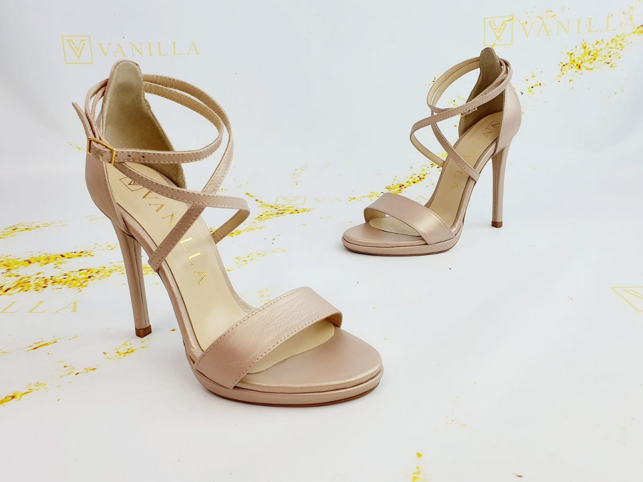 Poze Sandale Brasilia cu toc subtire, piele naturala, nude sidef