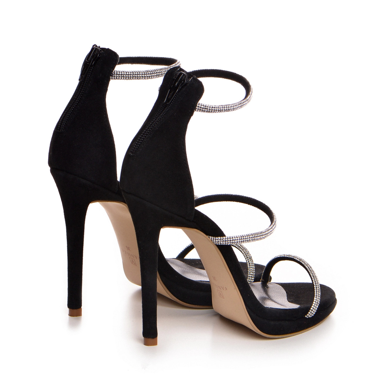 Poze Sandale Zendaya cu toc subtire, piele naturala intoarsa, culoare negru