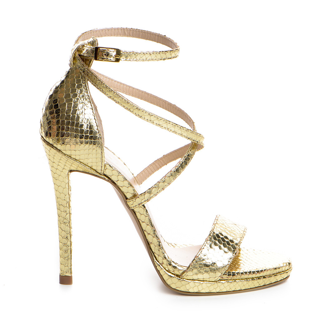 Poze Sandale Antonia cu toc subtire, imprimeu sarpe, aurii