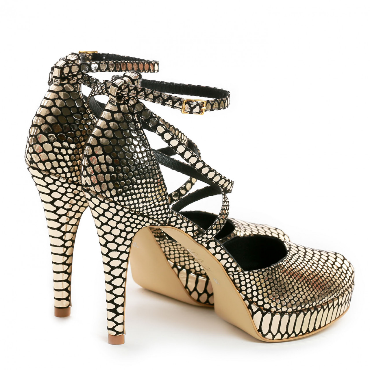 Poze Sandale Obsesium cu toc mic subtire, imprimeu sarpe, aurii