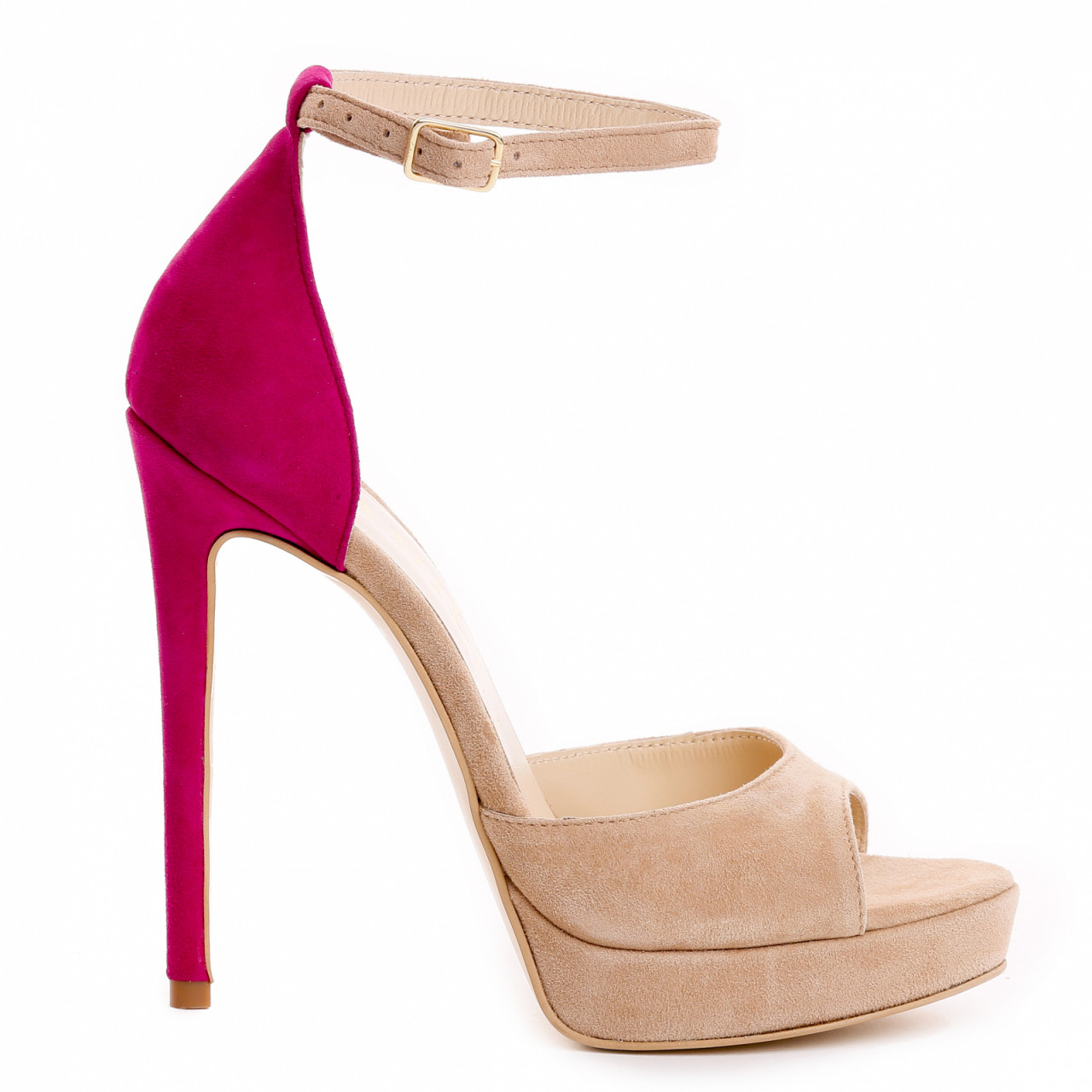 Poze Sandale Oslo cu toc subtire, piele naturala intoarsa, bej si fucsia