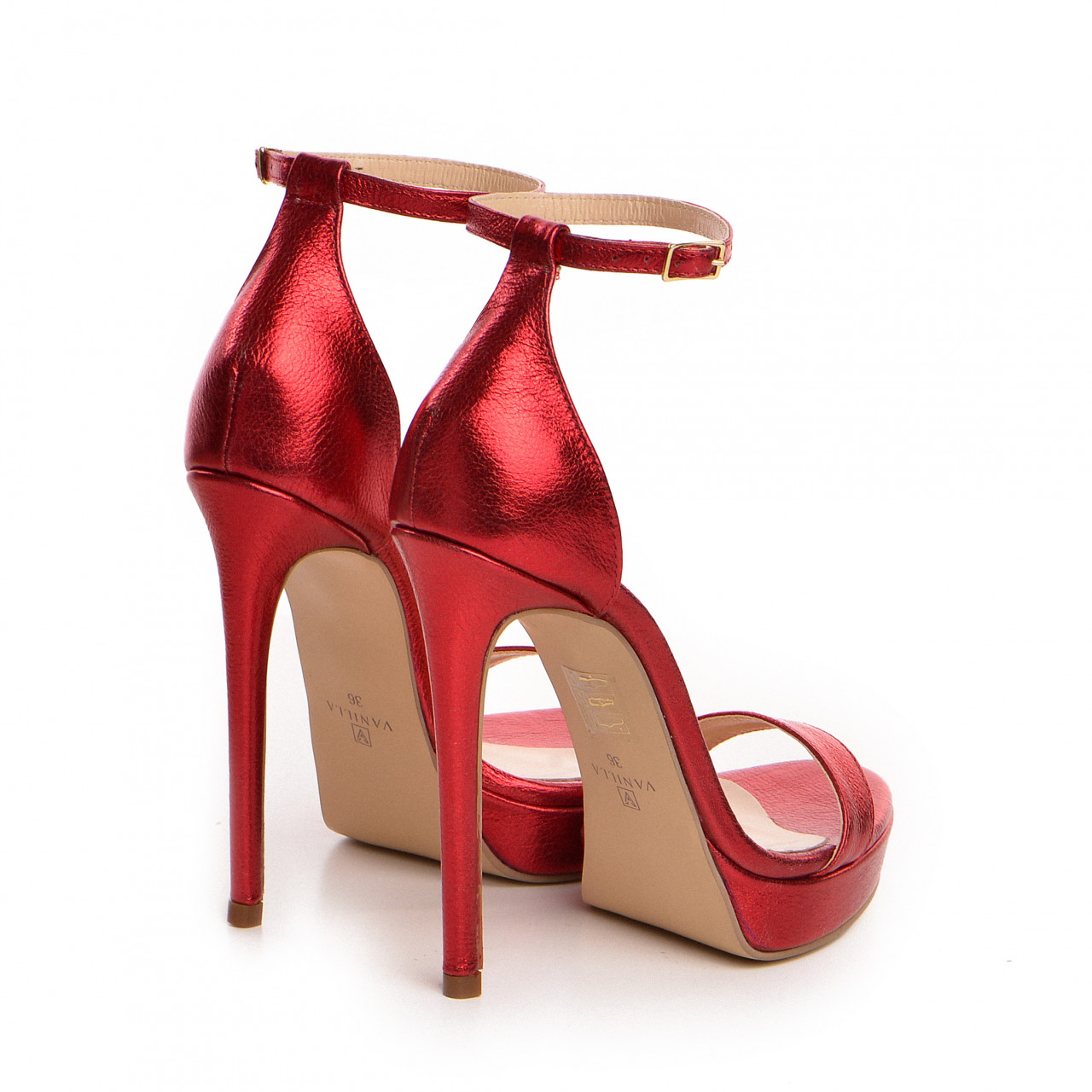 Poze Sandale Viena cu toc subtire, piele naturala, rosu metal