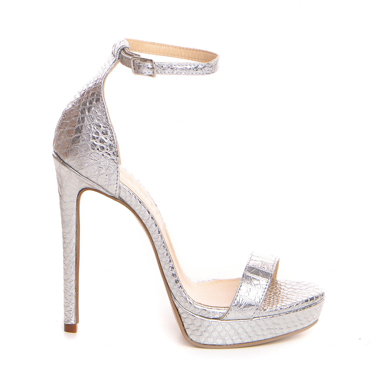 Poze Sandale Viena cu toc subtire, imprimeu sarpe, argintii
