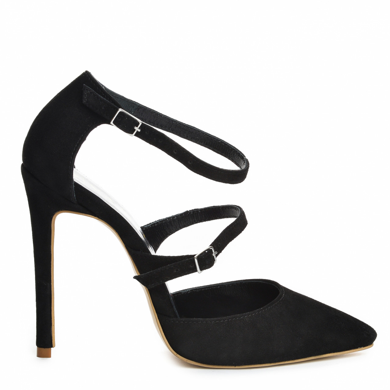 Poze Pantofi Stiletto cu toc subtire Dora, piele naturala intoarsa, negri