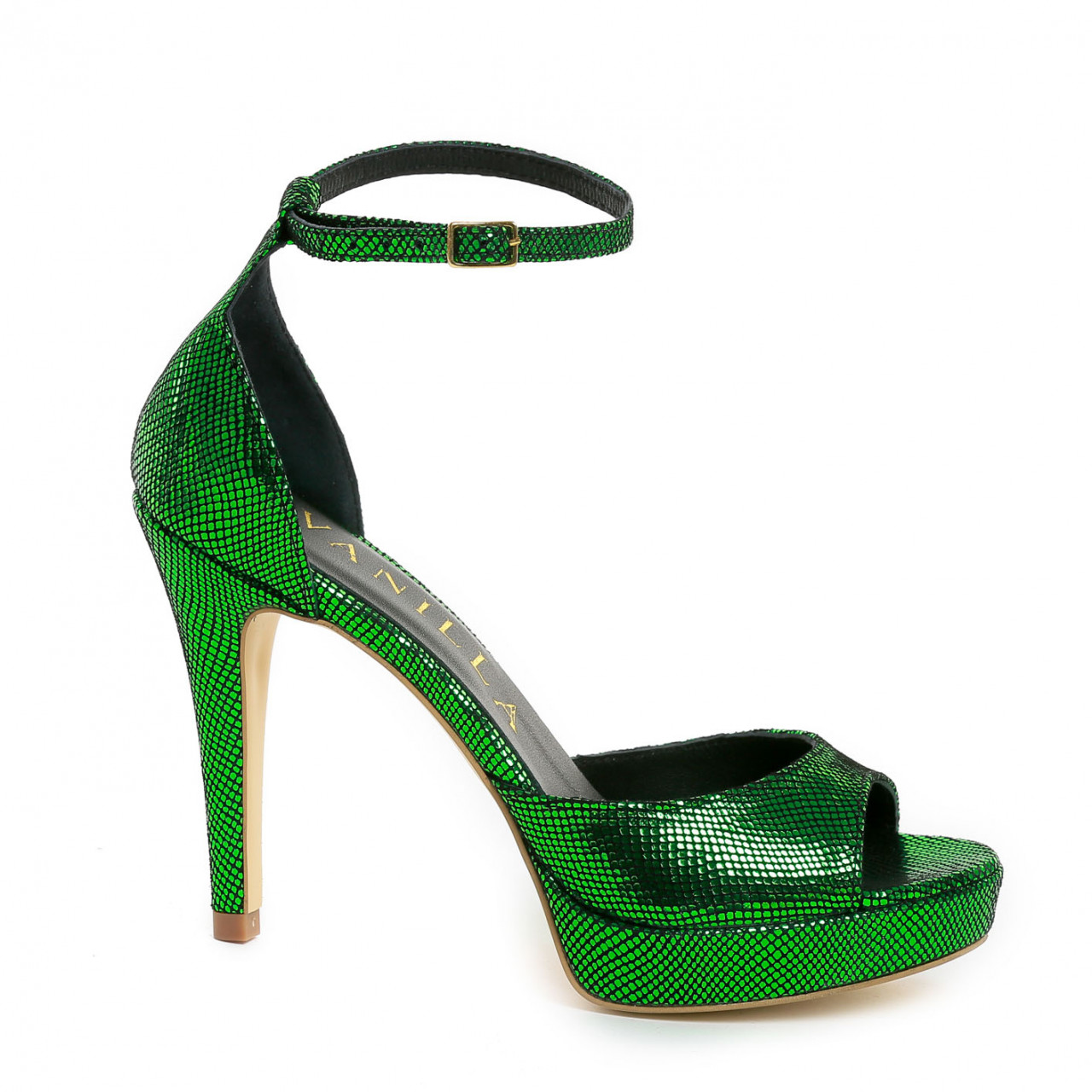 Poze Sandale Oslo cu toc mic subtire, imprimeu reptila, verzi