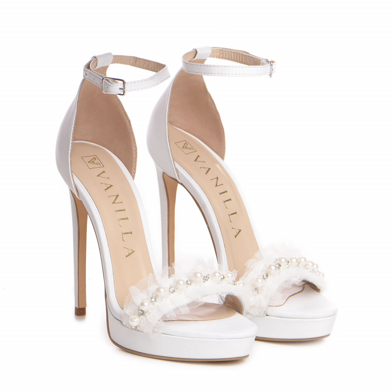 Poze Sandale Vienna Pearl cu toc subtire, piele naturala, culoare alb