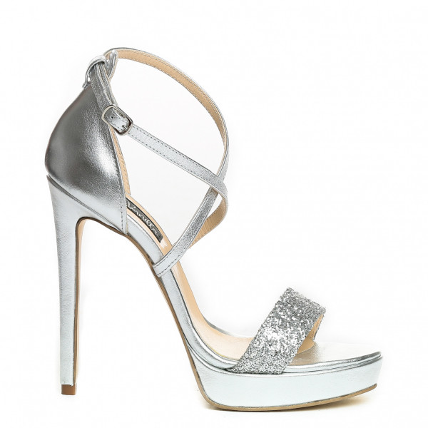 Poze Sandale Florida cu toc subtire, piele naturala, argintii cu sclipici