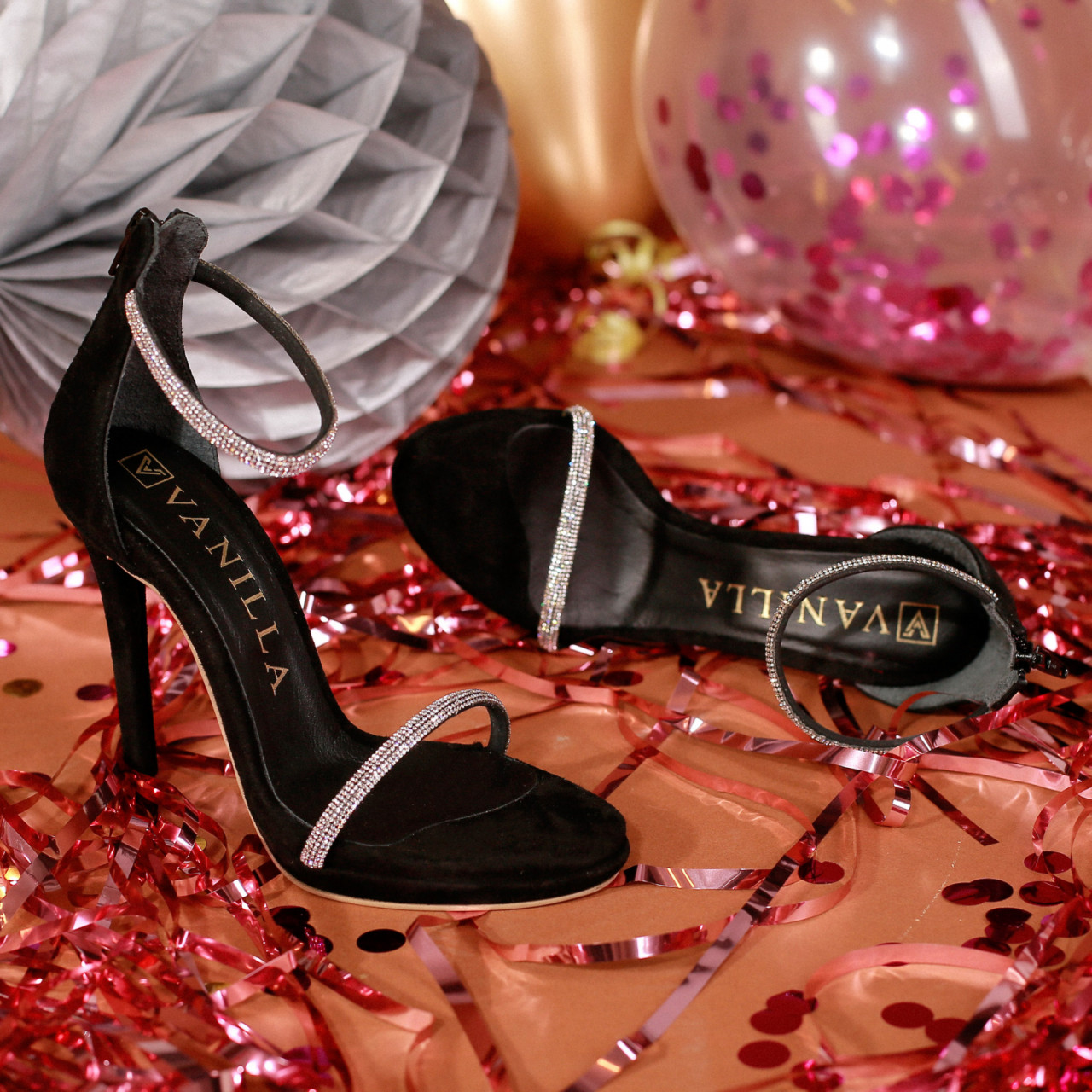 Poze Sandale Karina Black cu toc subtire, piele naturala intoarsa, negre