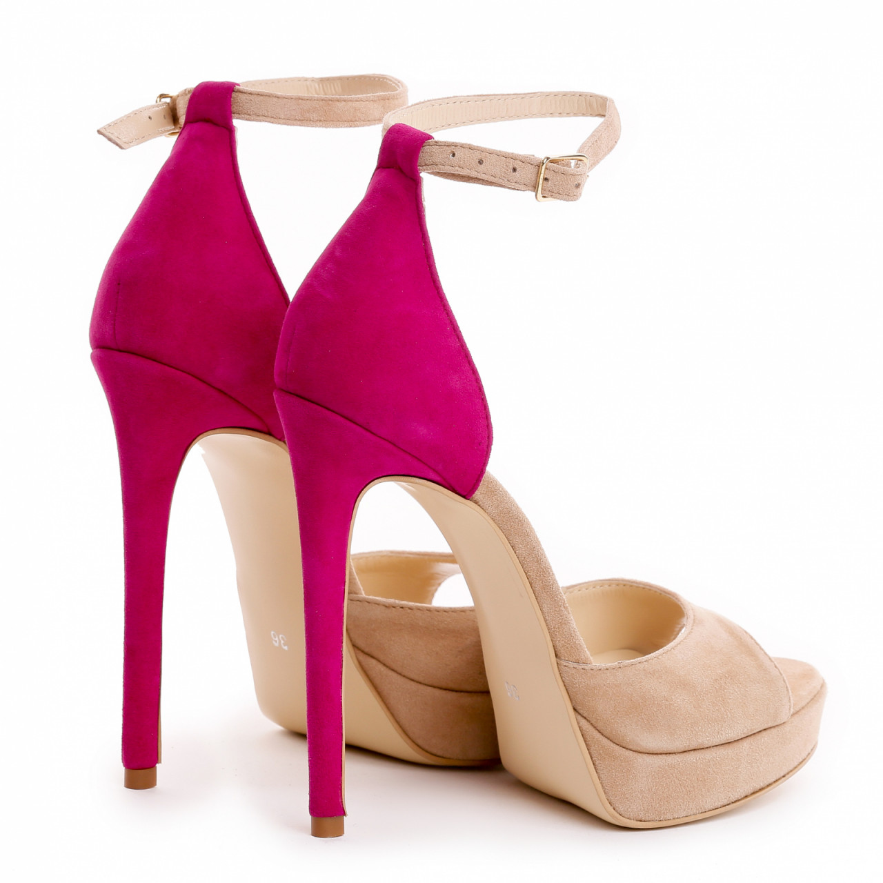 Poze Sandale Oslo cu toc subtire, piele naturala intoarsa, bej si fucsia