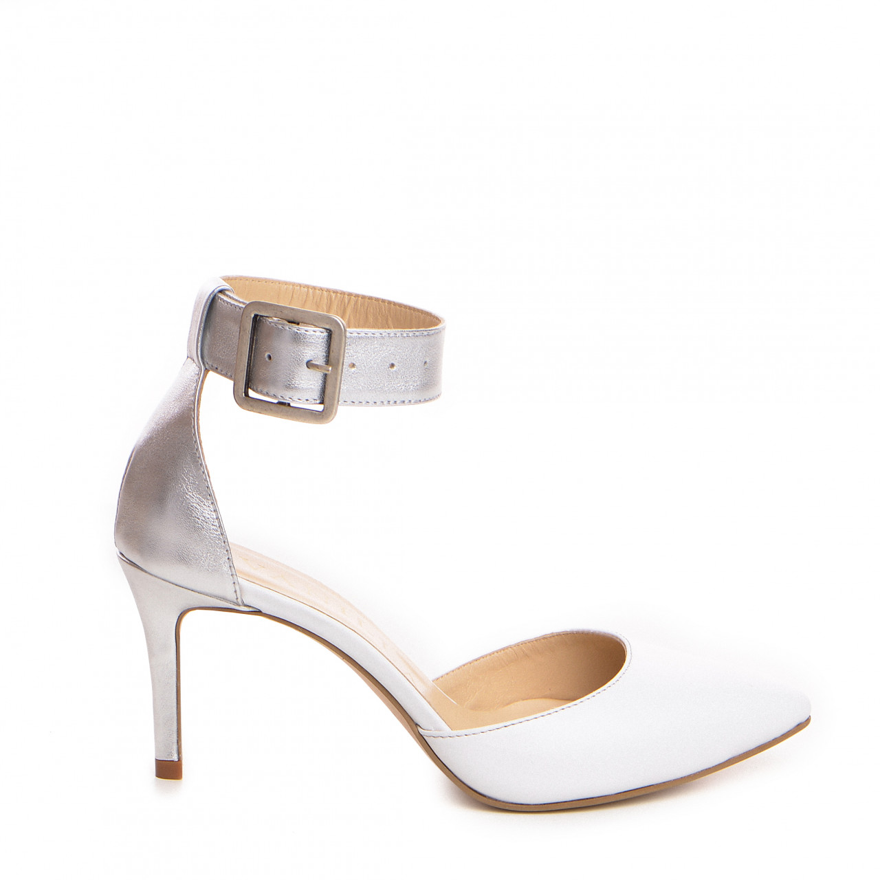 Poze Pantofi Stiletto cu toc mic Adal piele naturala, albe cu argintiu