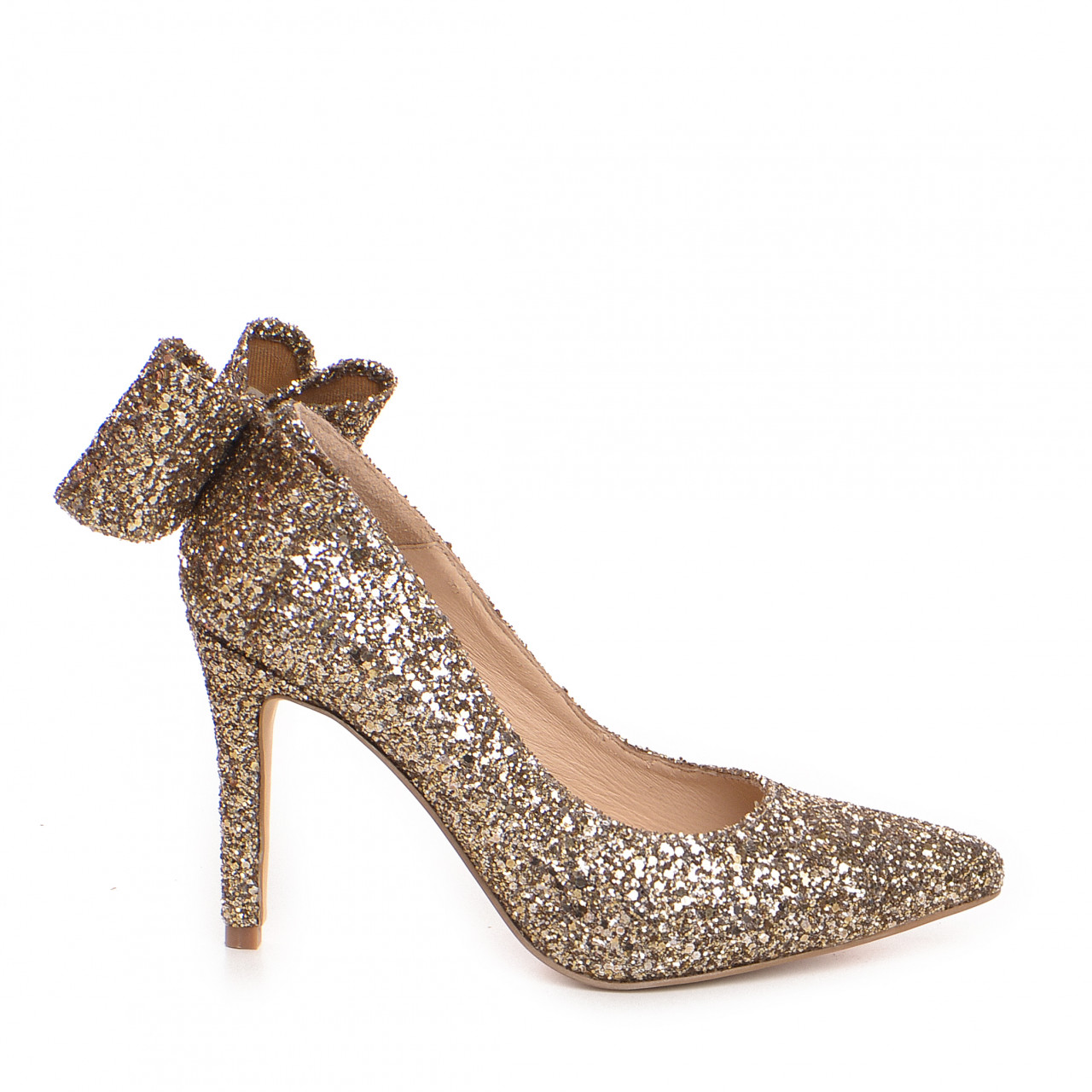 Poze Pantofi Stiletto cu toc mediu Cleopatra, sclipici auriu