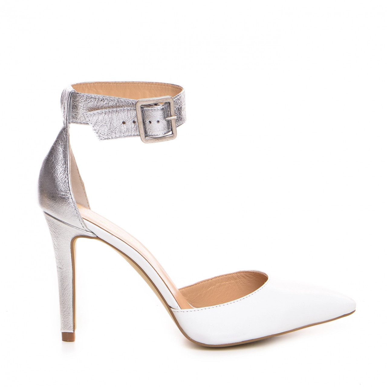 Poze Pantofi Stiletto cu toc mic Adal piele naturala, albe cu argintiu