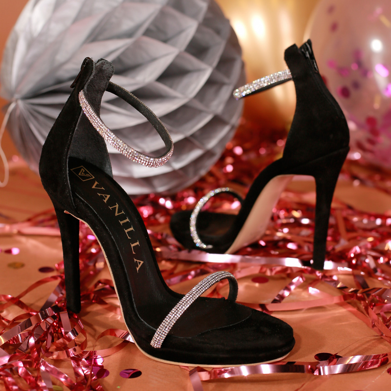 Poze Sandale Karina Black cu toc subtire, piele naturala intoarsa, negre