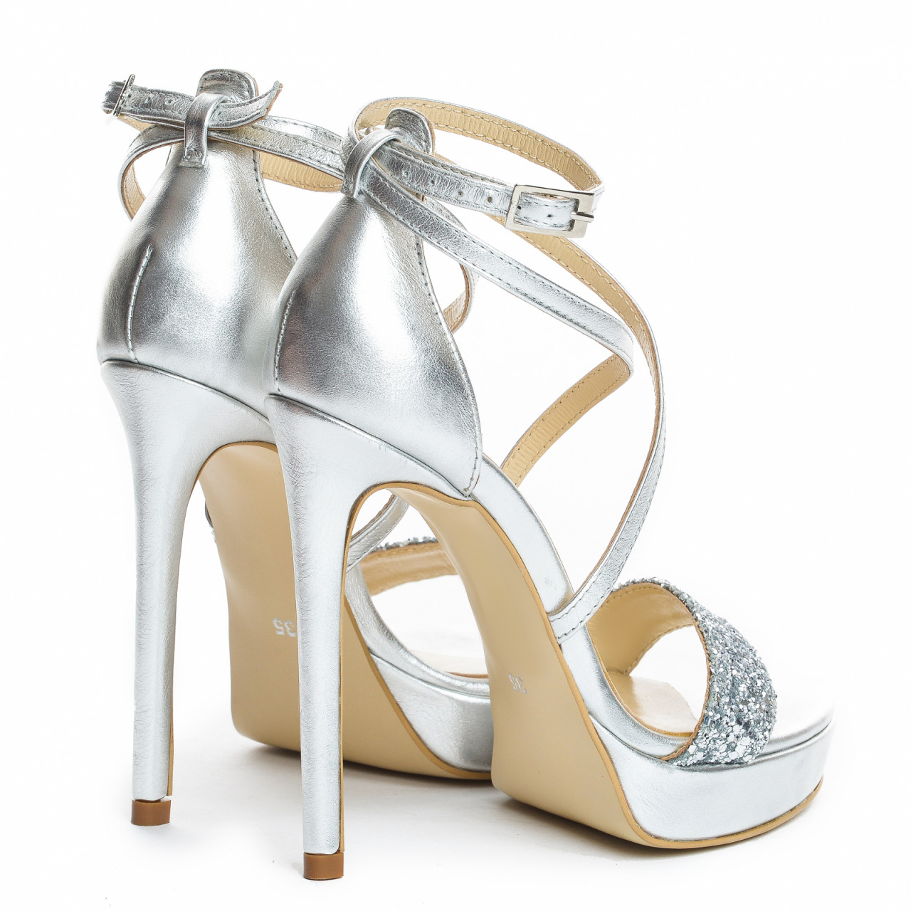 Poze Sandale Brasilia cu toc subtire, piele naturala, argintii cu sclipici