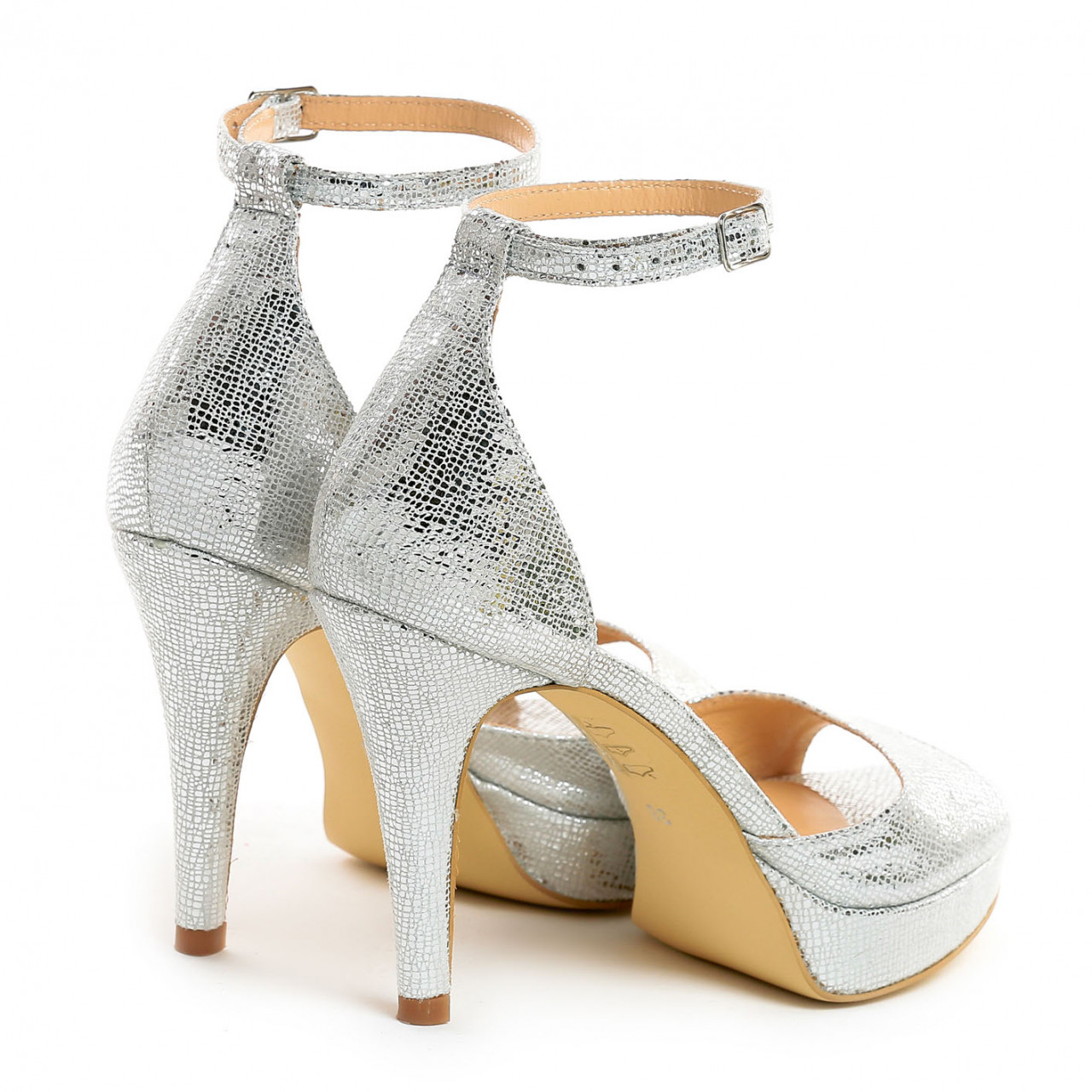 Poze Sandale Oslo cu toc mic subtire, imprimeu reptila, argintii