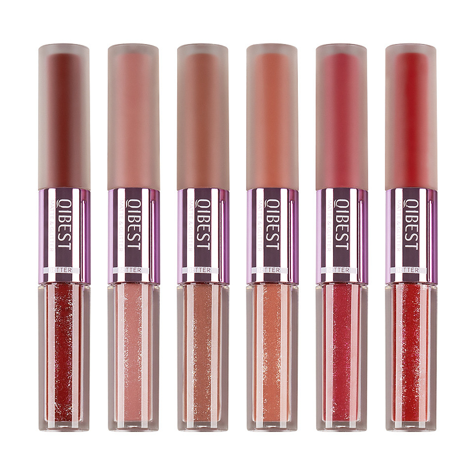 Set 6 Rujuri Lichide 2 in 1 Qibest Double Touch Matte Liquid Lipstick & Glitter Lip Gloss pensulemachiaj imagine noua