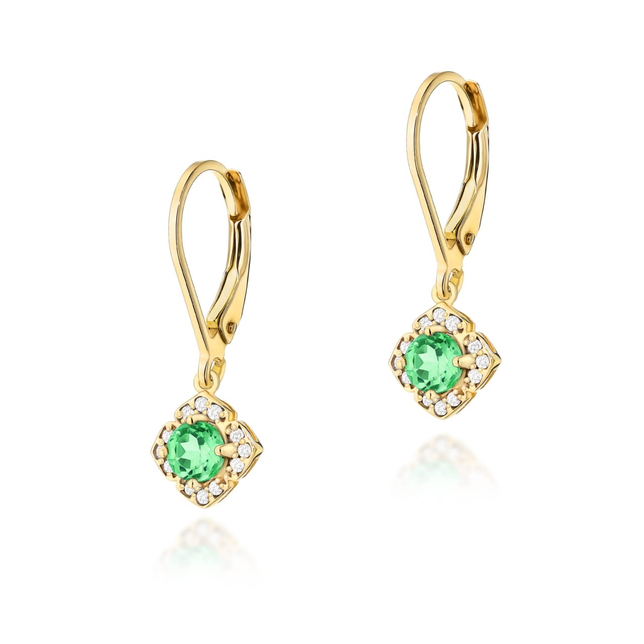 Cercei Aur 14K cu Smarald 0.30 ct si Diamante Naturale 0.06 ct (Varianta: Galben)