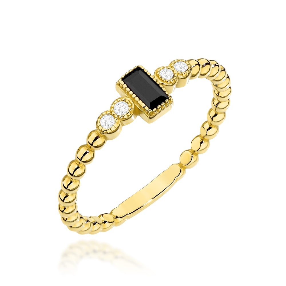 Inel Aur 14K Cu Biluțe și Piatră Neagră - Eleganță Subtilă (Greutate: 1.60, Măsură: 11)